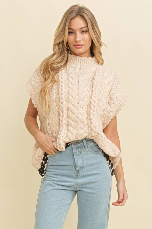 CABLE KNIT DROP SHOULDER CONTRAST STITCH SWEATER