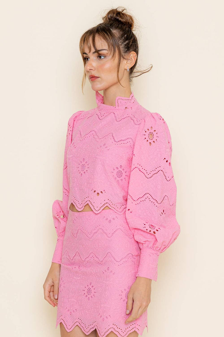 MOCK EMBROIDERED PATTERN BACK ZIP CROP TOP