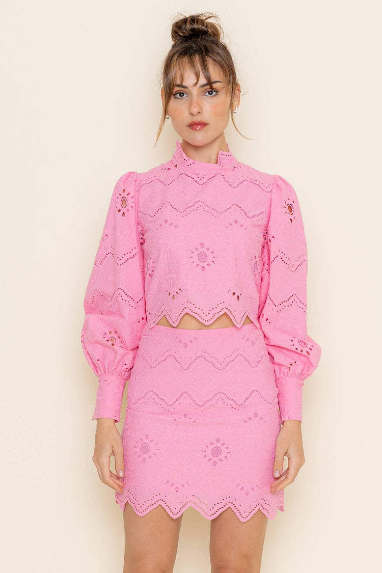 MOCK EMBROIDERED PATTERN BACK ZIP CROP TOP