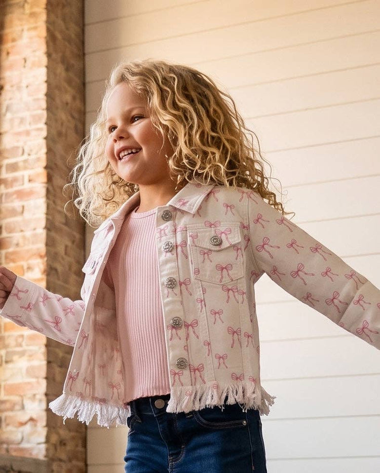 Coquette Pink Bow White Fringe Button Denim Jacket