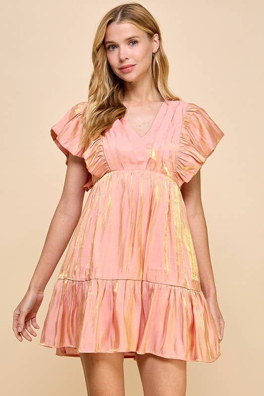 V Neckline Ruffle Sleeve Metallic Dress