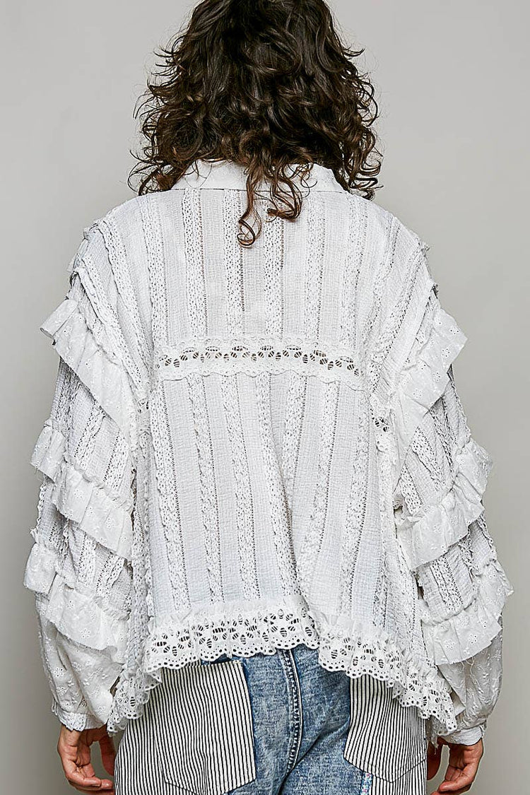 Feminine Eyelet Ruffle Floral Trim Lace Zip Front Jacket