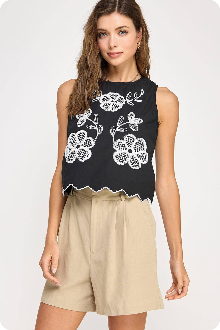 Floral Embroidery Sleeveless Top