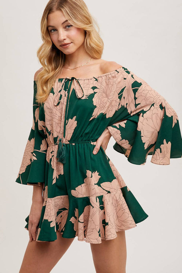 FLORAL PRINT OFF THE SHOULDER BELL SLEEVED ROMPER