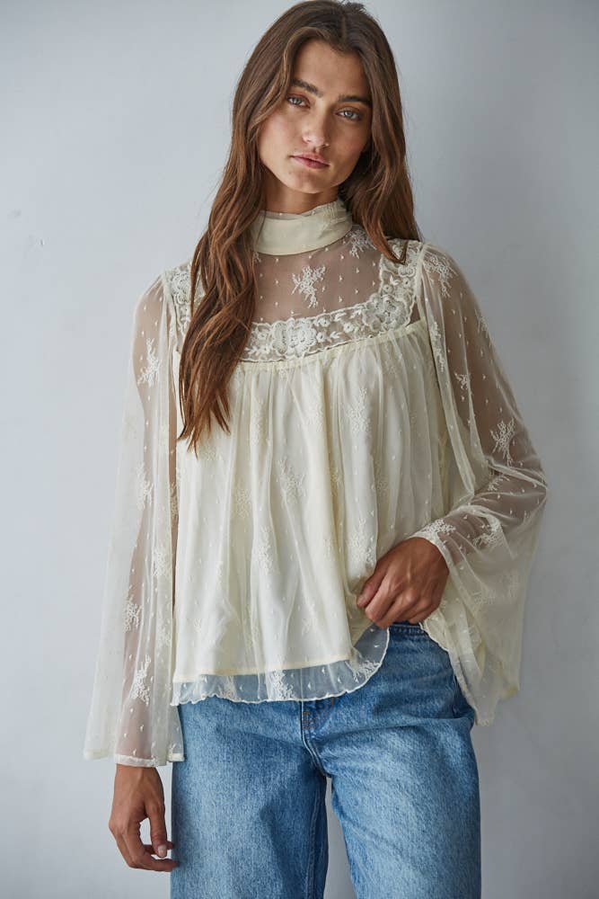 Lace Mock Neck Bell Sleeve Blouse