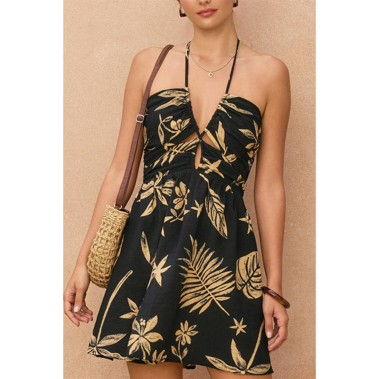 Tropical Leaf Ruched Halter Mini Dress
