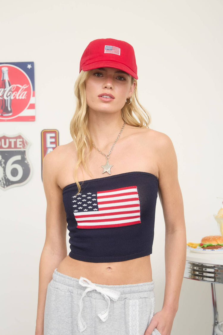 AMERICAN FLAG STRAPLESS SWEATER KNIT TOP