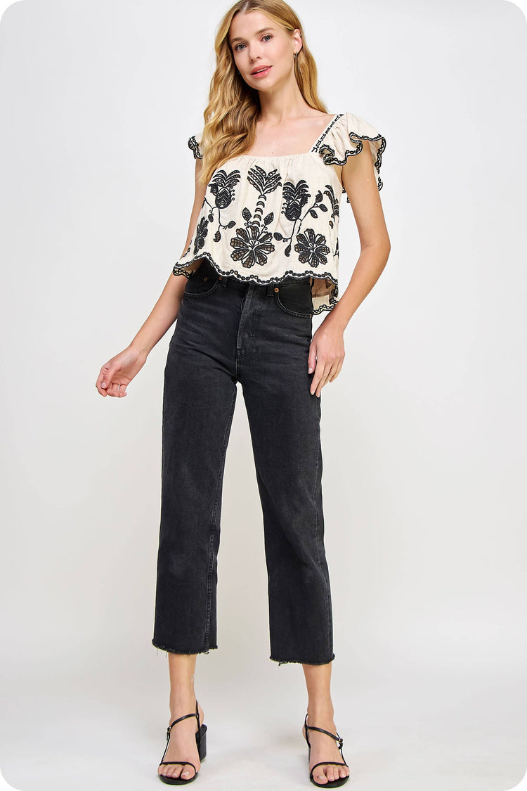 Embroidery Sleeveless Linen Top