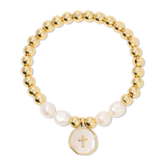 Cross + Pearls Stretch Charm Bracelet