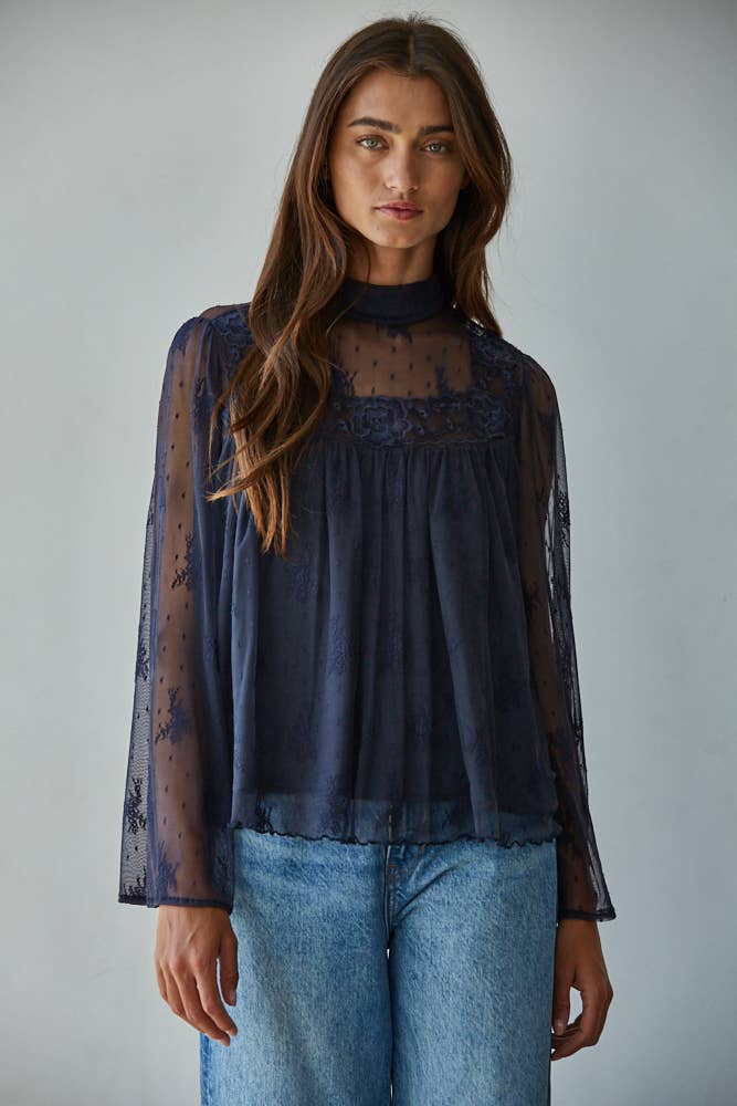 Lace Mock Neck Bell Sleeve Blouse