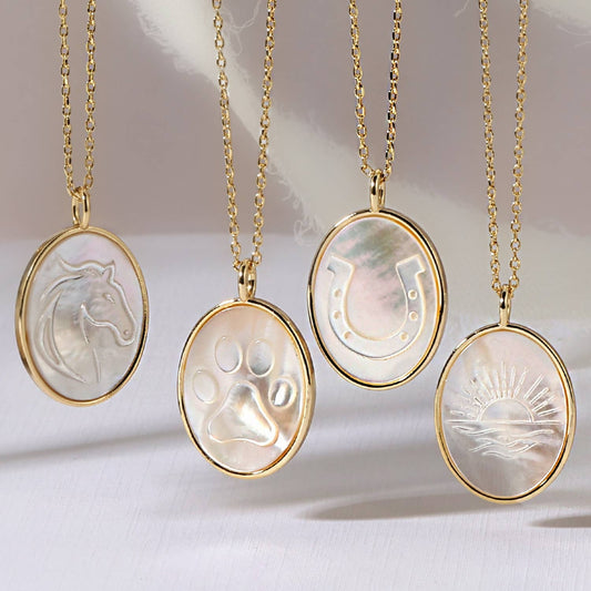 Ocean Sunset Etched Shell Oval Pendant Necklace
