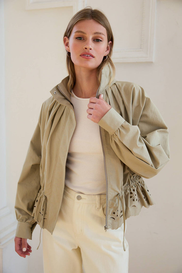 Pleated High-Neck Eyelet Scallop Jacket