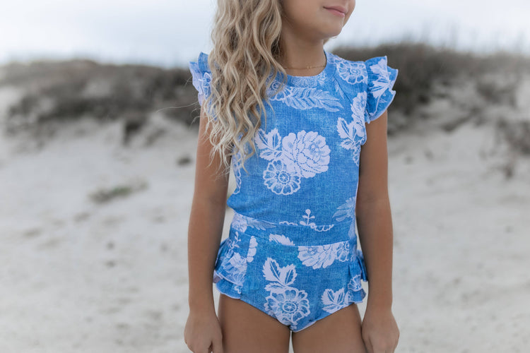 Kids Blue Floral Open Back One Piece Ruffle Swimsuit