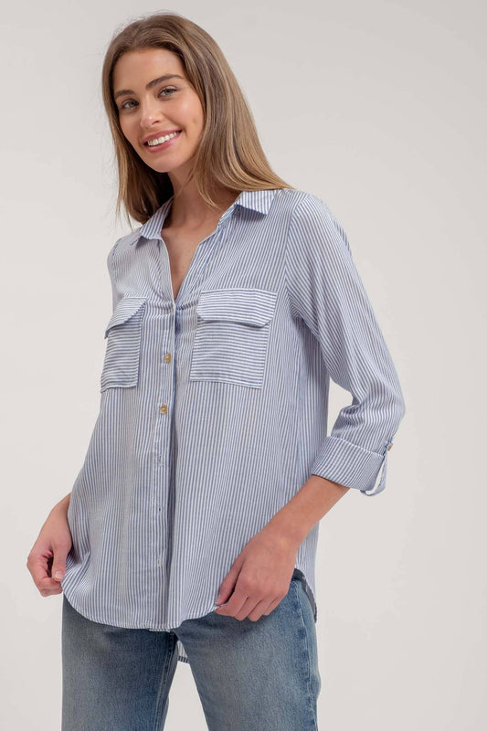 STRIPED COLLARED BUTTON DOWN WITH POCKETS