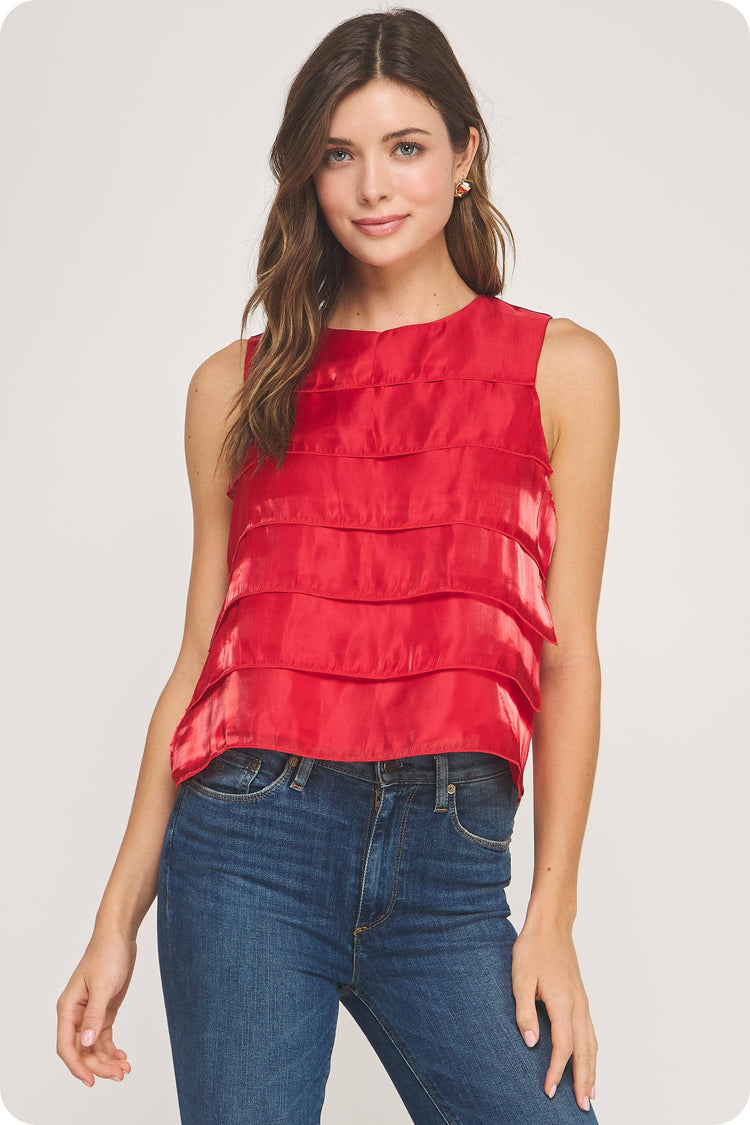 Tiered Sleeveless Satin Top