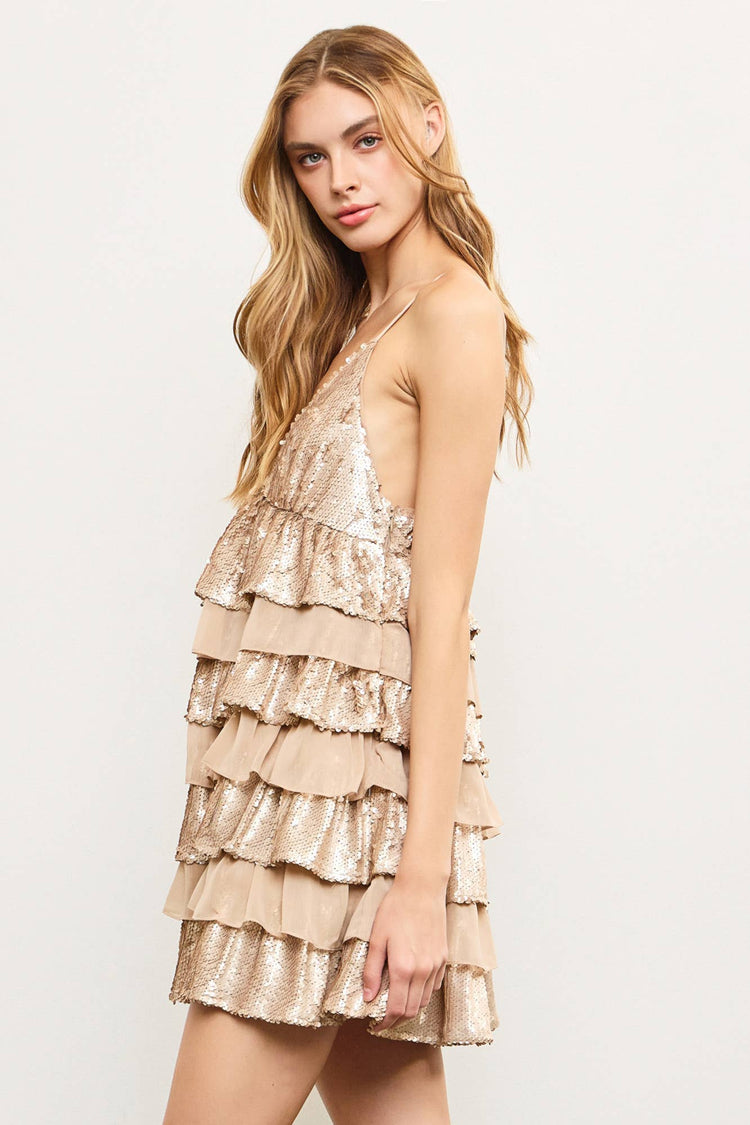 MULTI LAYER TIERED RUFFLE SEQUIN DRESS
