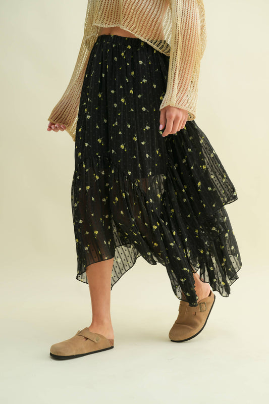 FLORAL LAYERED MIDI SKIRT