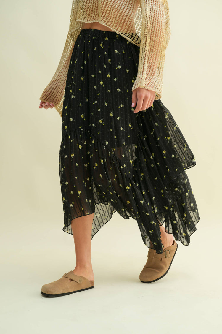 FLORAL LAYERED MIDI SKIRT