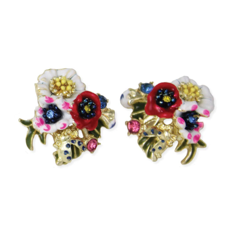 Floral Ladybug Bouquet Gold Post Earrings