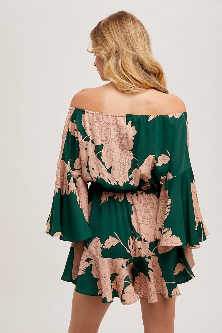 FLORAL PRINT OFF THE SHOULDER BELL SLEEVED ROMPER