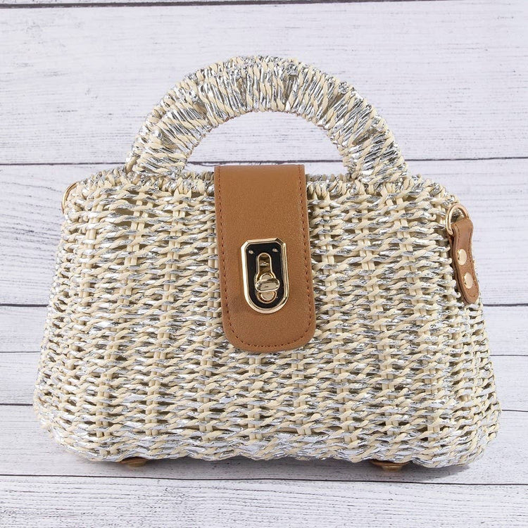 Woven Straw Turn Lock Top Handle Handbag