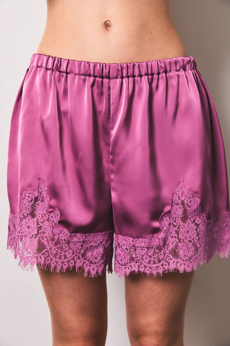 ELASTIC WAIST MID RISE LACE TRIM SHORTS