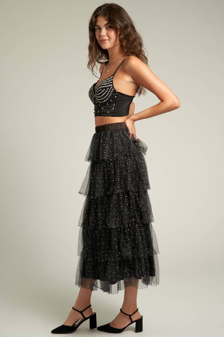 Tiered Tulle Glitter Midi Skirt