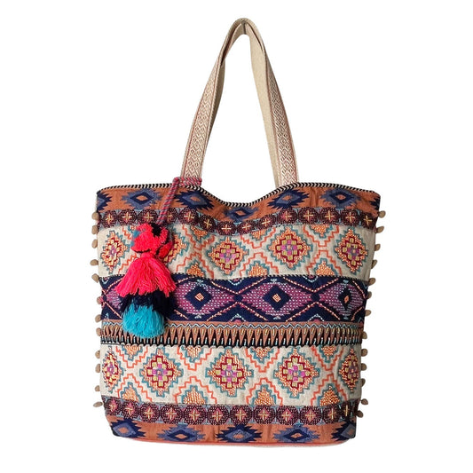 Beaded Celebration Cotton & Leather Spacious Womens Tote Bag