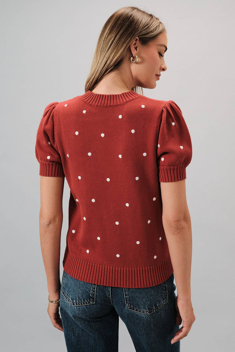 Embroidered Polka Dot Short Puff Sleeve Knit Sweater