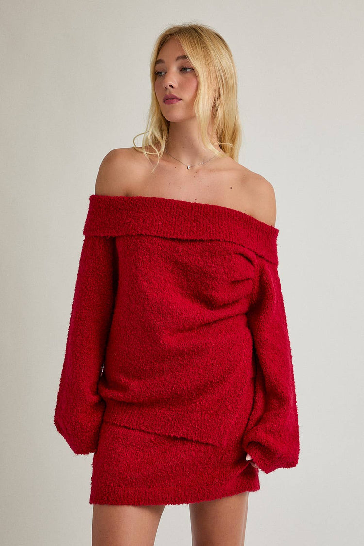 OFF SHOULDER ASYMMETRICAL TEXTURE SWEATER & MINI SKIRT