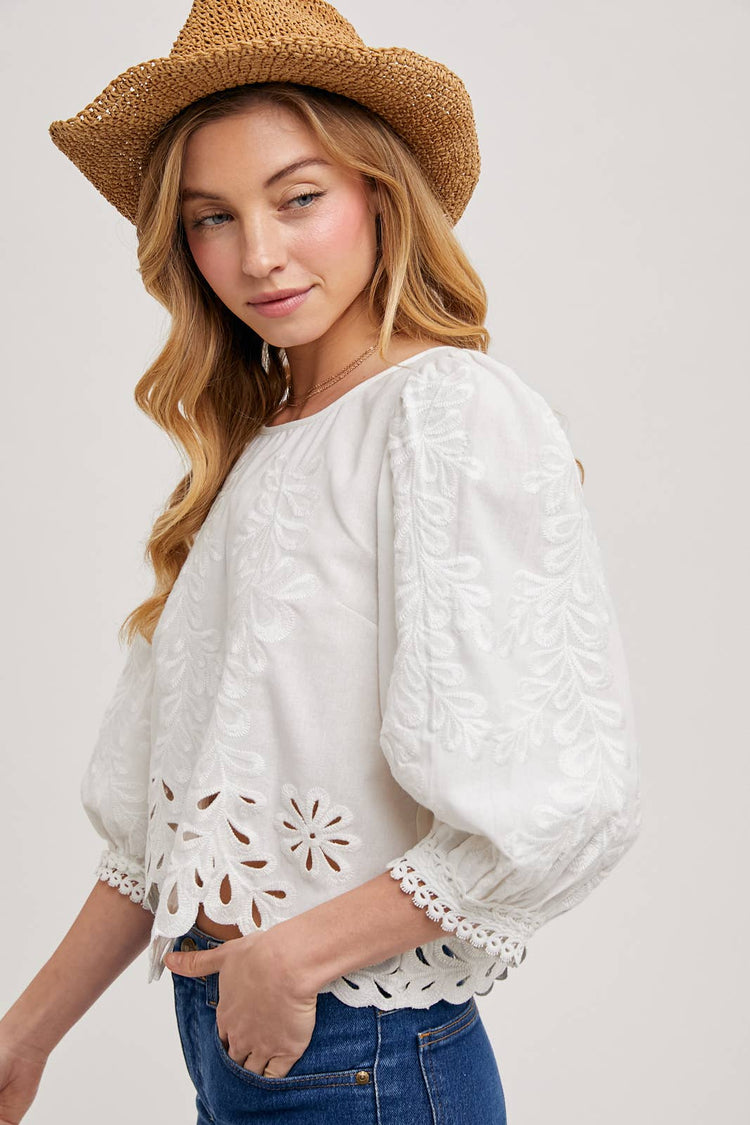 LACE CUTOUTS BOTTOM HEM BUBBLE SLEEVED TOP