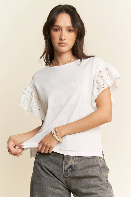 SOLID LACE ROUND NECK SHORT LACE SLEEVE TOP