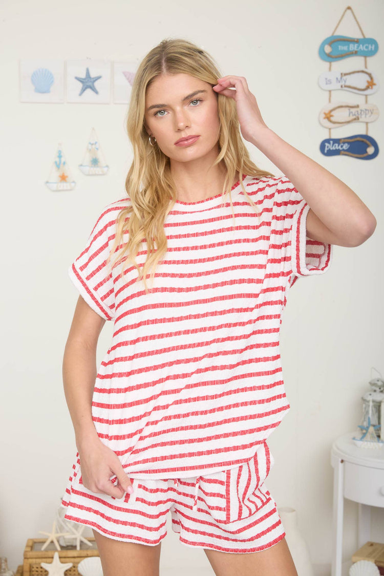 TEXTURED STRIPE SHORT SLEEVE KNIT T-SHIRT