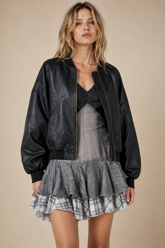 Cropped Faux-Leather Bomber Jacket