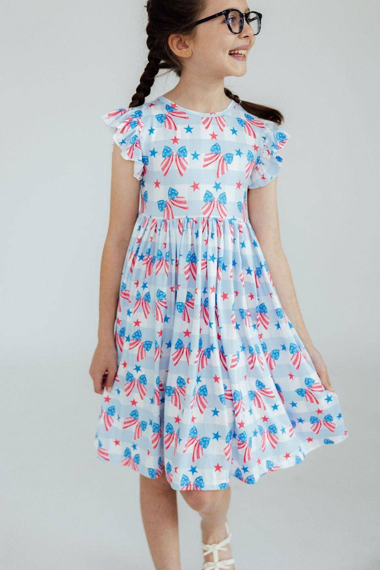 Red, White & Bows Flutter Sleeve Twirl Dress