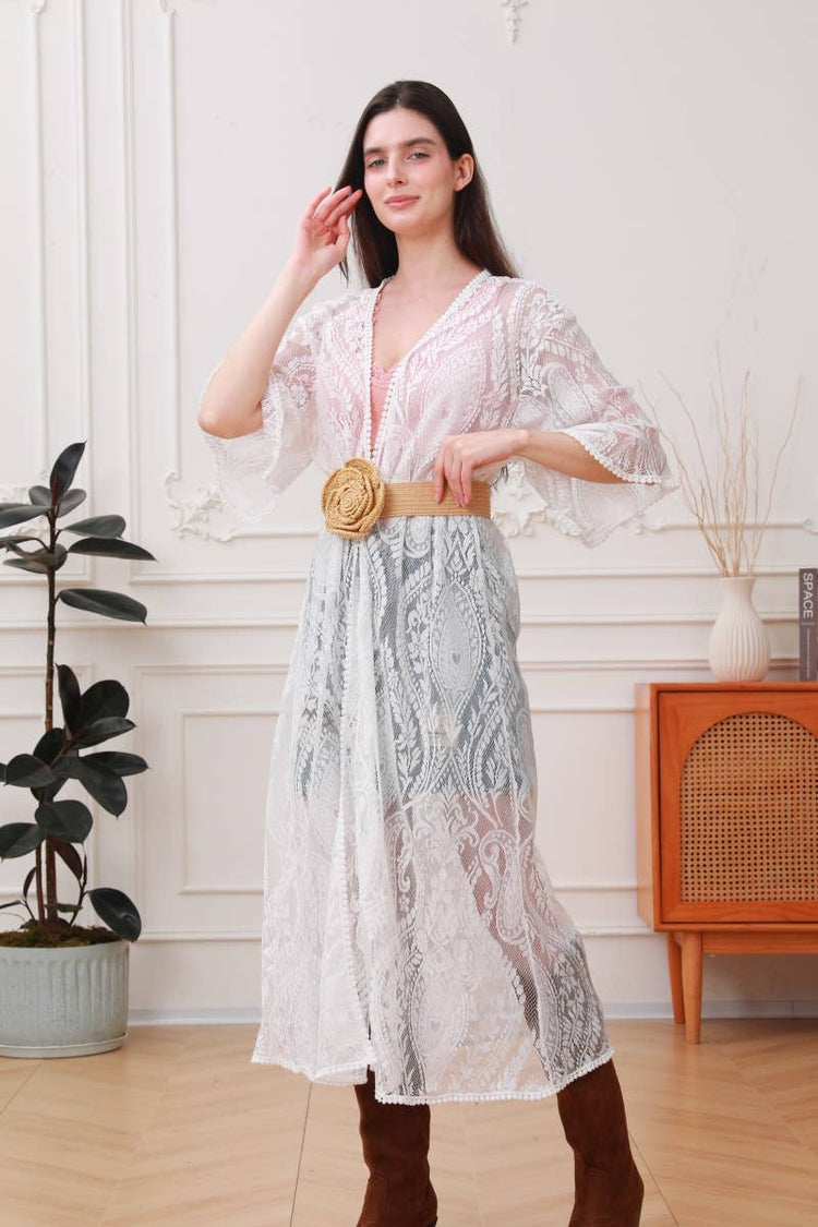 Raffia Flower Buckle Elastic Belt