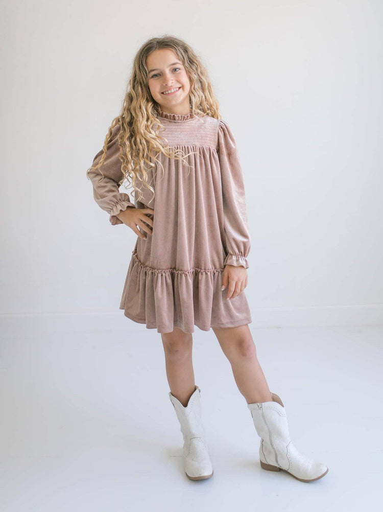 Girls Alexa Champagne Smocked Velvet Fancy Holiday Dress