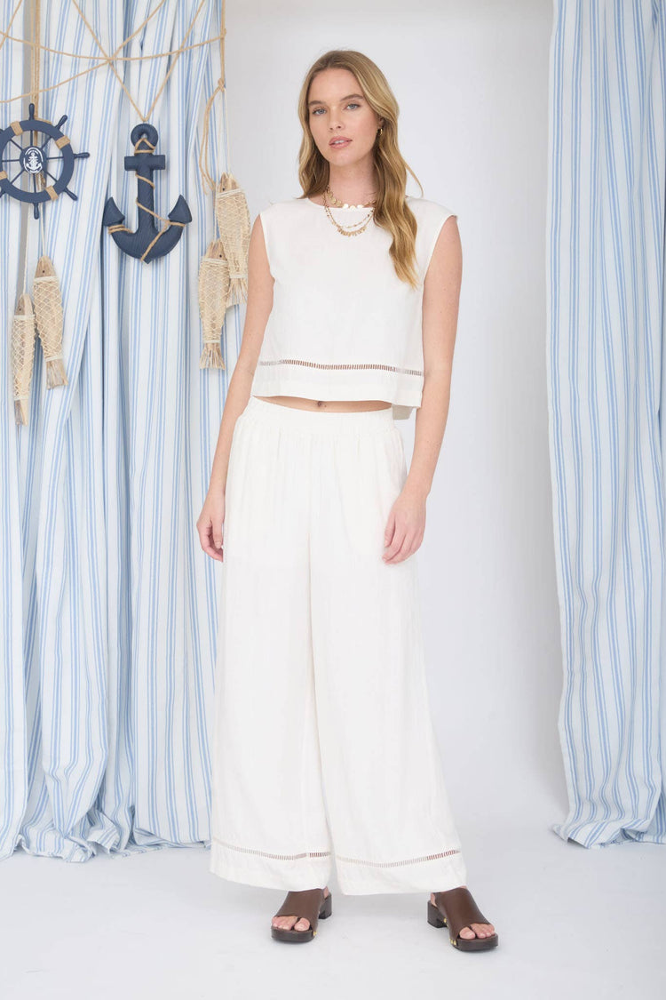 LADDER LACE TRIM WIDE LEG LINEN PANTS
