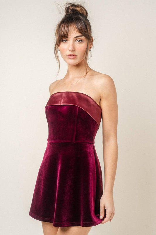 SATIN VELVET OFF THE SHOULDER FIT FLARE MINI DRESS