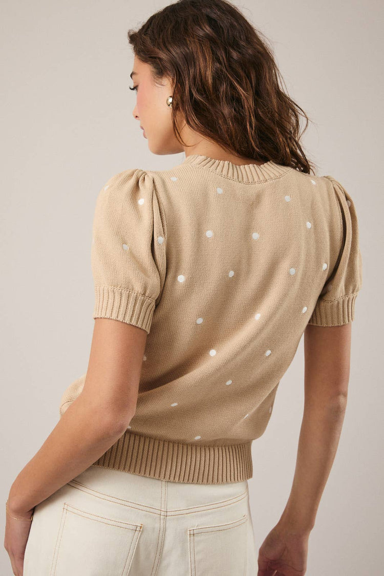 Embroidered Polka Dot Short Puff Sleeve Knit Sweater