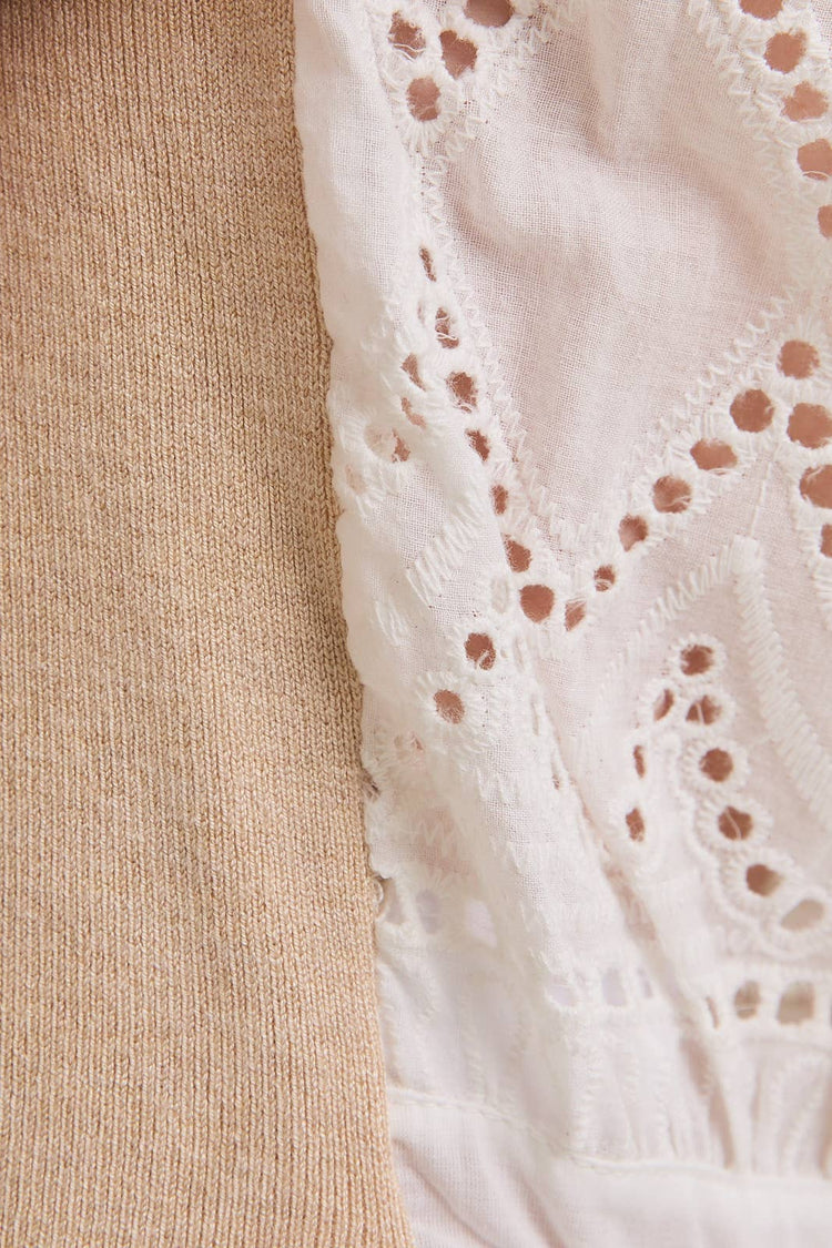 ROUND NECK RUFFLE SLEEVE WOVEN & KNIT MIX TOP