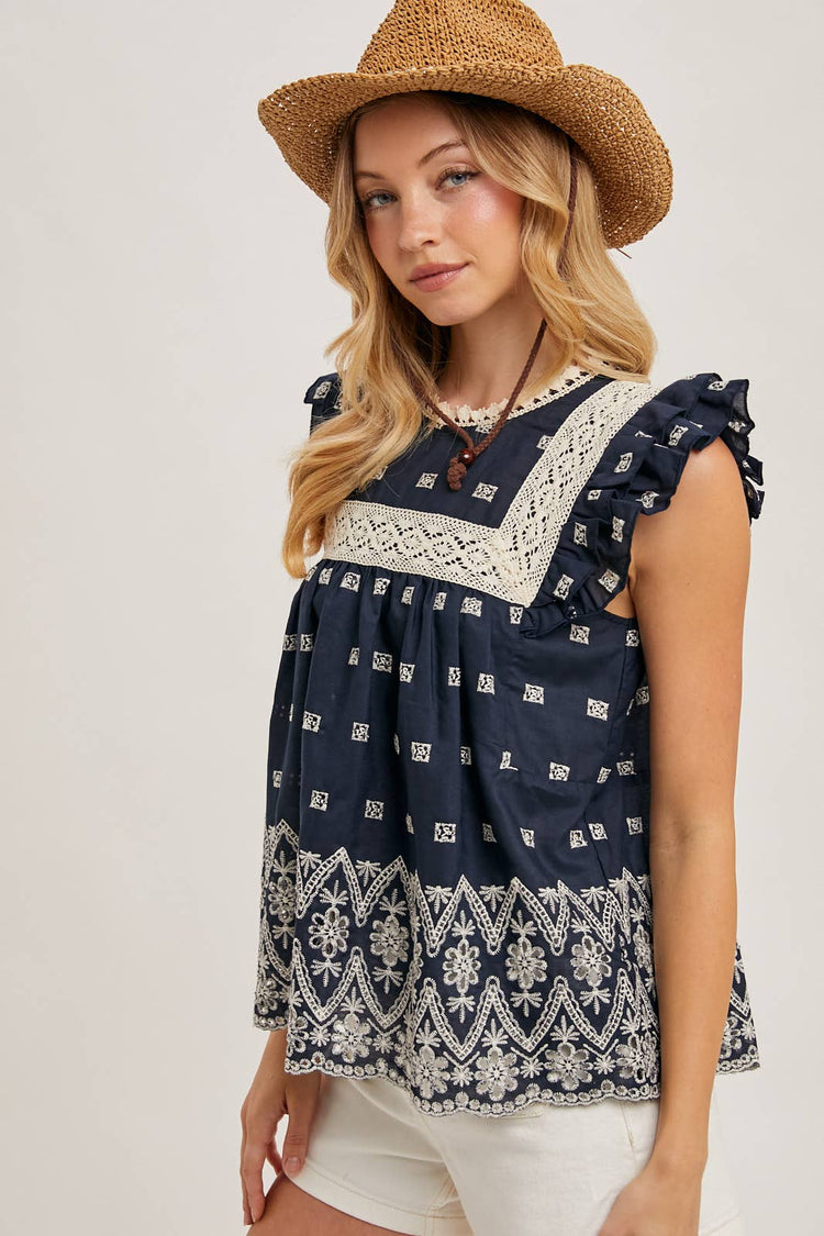 BOHO FLORAL EMBROIDERED BLOUSE TOP