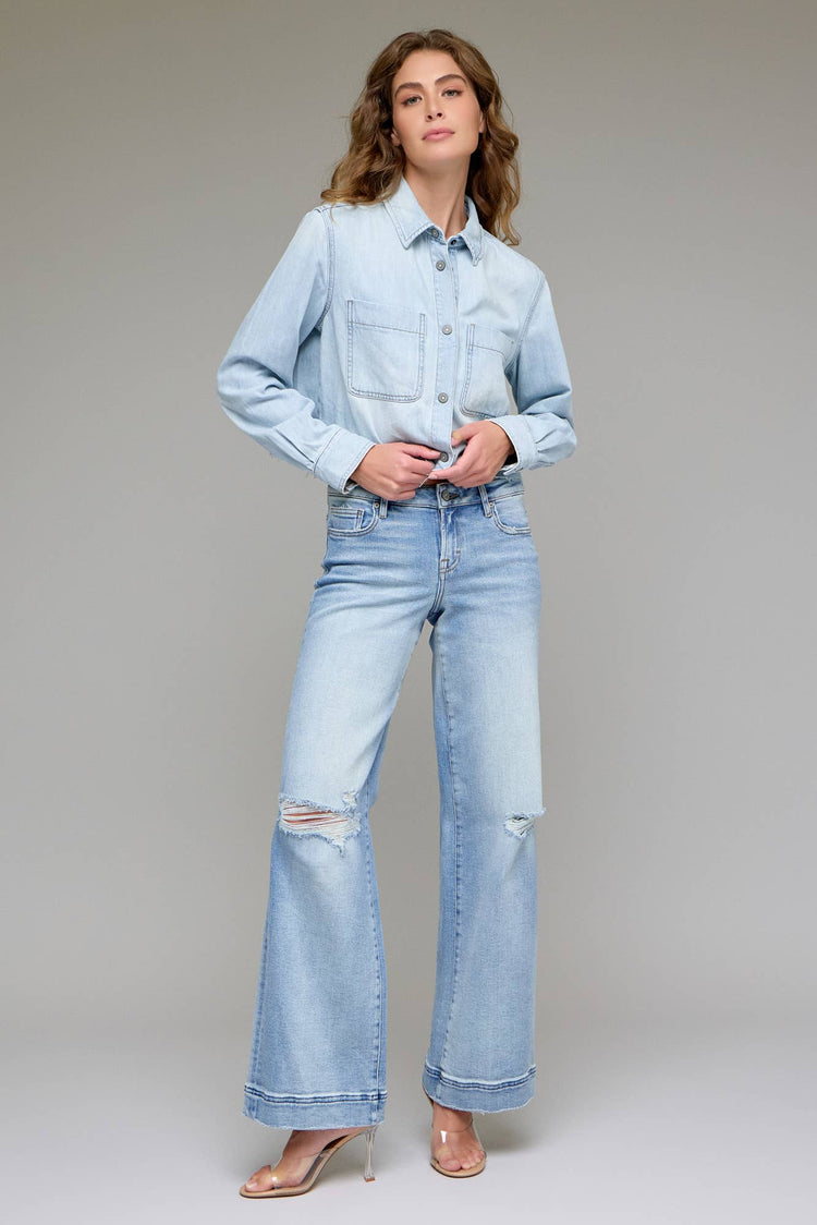 Light Wash Distressed Stretch 33" Inseam Wide leg