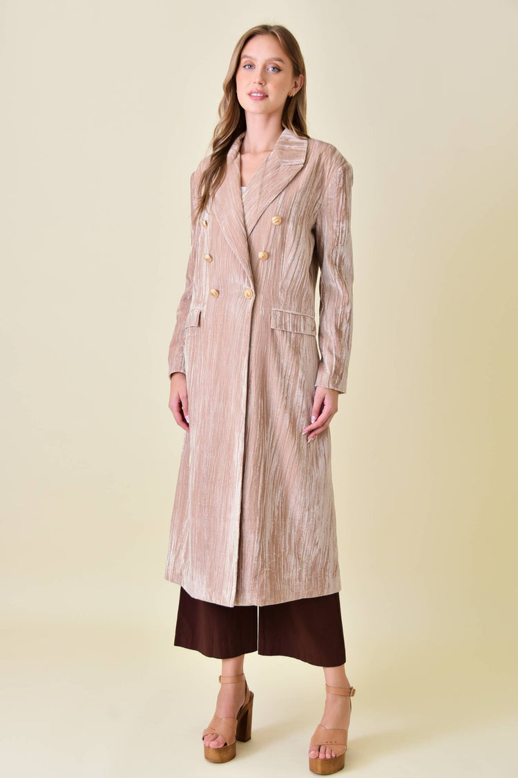 CHIC DOUBLE BREASTED WRINKLED VELVET LONG COAT
