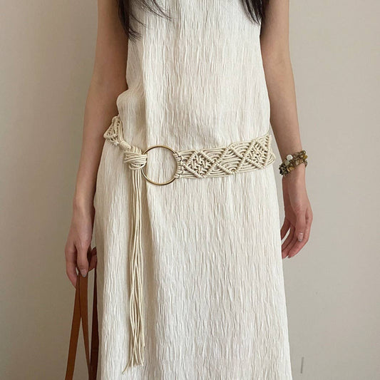 Beco - Boho Beige Braided Belt with Tassel