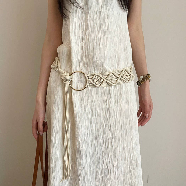 Beco - Boho Beige Braided Belt with Tassel