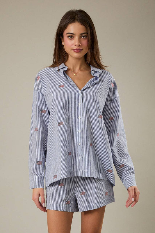 STRIPE FLAG EMBRO OVERSIZED BUTTON DOWN SHIRT