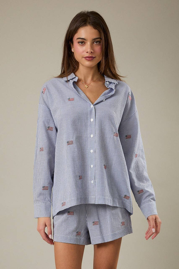 STRIPE FLAG EMBRO OVERSIZED BUTTON DOWN SHIRT