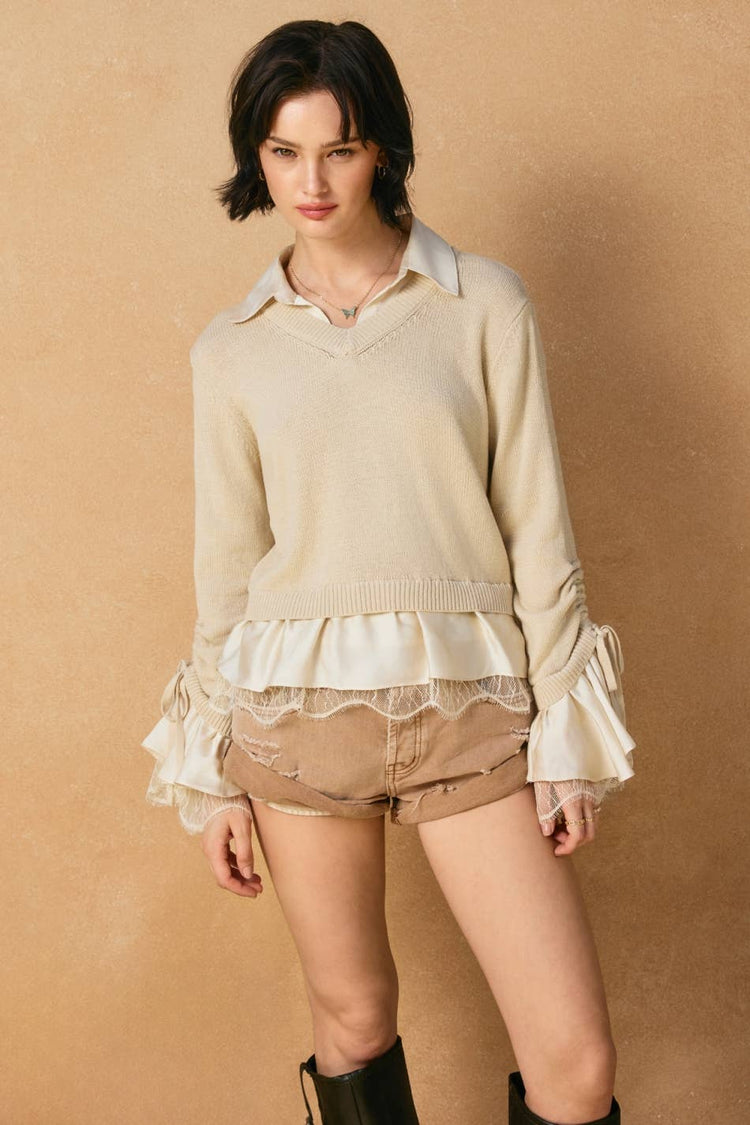 Satin Lace Shirt Insert Sweater (1)