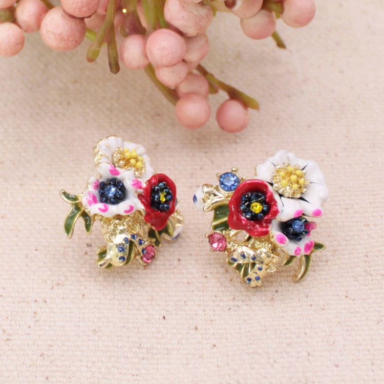 Floral Ladybug Bouquet Gold Post Earrings